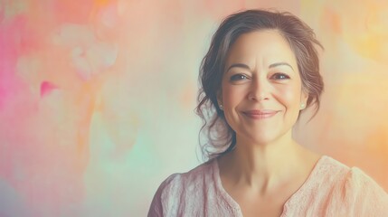 Fototapeta premium A radiant middle-aged woman in pastel tones smiles warmly, reflecting her dedication to self-care and well-being.