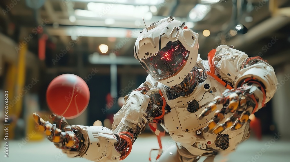 Poster dodgeball robot in action, an ai-driven robot skillfully evading incoming balls, equipped with advan