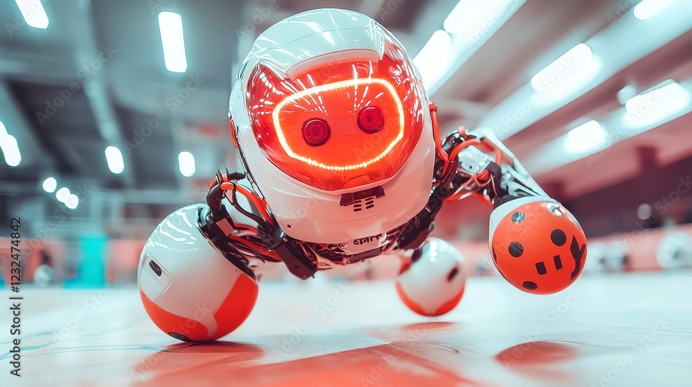 Poster dodgeball duel, an ai-powered robot skillfully evading incoming throws, equipped with advanced senso