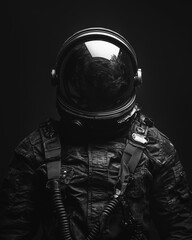 A hyper-realistic, ultra-detailed black and white studio portrait of a elegant, worn out astronaut with a haunting and intense gaze in black spacesuit