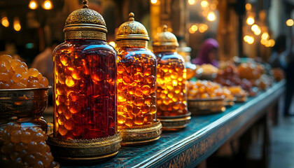 Photo - Glowing Amber Gems in Ornate Jars Market Display