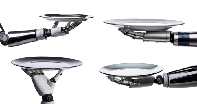 Robotic hands holding futuristic metallic plates for advanced service applications.