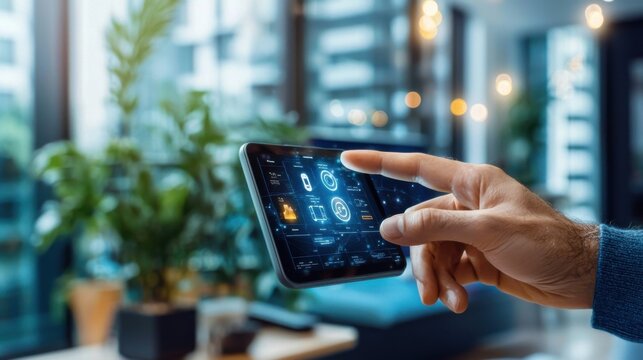 Futuristic smart home living room with glowing digital interfaces holographic icons and touch screen controls showcasing the latest in home automation and intelligent design for a modern