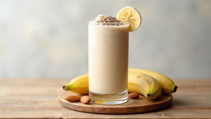 Creamy almond milk smoothie with ripe bananas and almonds elegantly arranged on rustic wooden table
