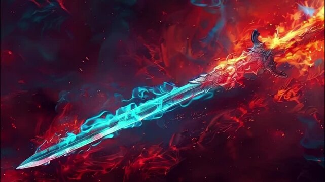 Fantastic weapon royal sword with beautiful handle and sharp blade, abstract vivid composition consists of fictional unreal fantastic vision on background