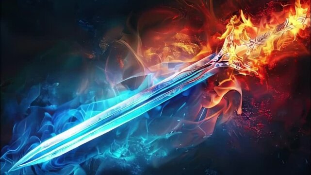 Fantastic weapon royal sword with beautiful handle and sharp blade, abstract vivid composition consists of fictional unreal fantastic vision on background