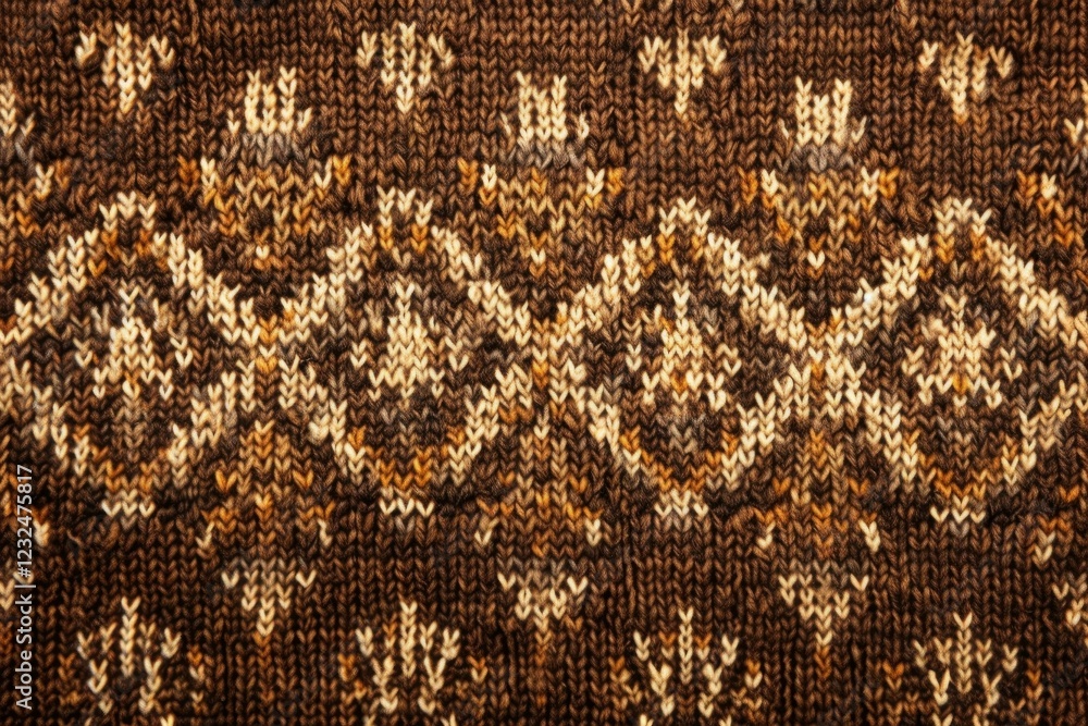 Poster close up view of a knitted wool fabric showcasing an intricate pattern in shades of brown and beige,