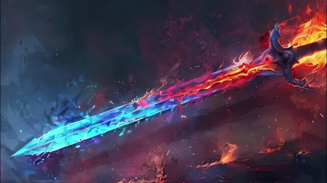 Fantastic weapon royal sword with beautiful handle and sharp blade, abstract vivid composition consists of fictional unreal fantastic vision on background
