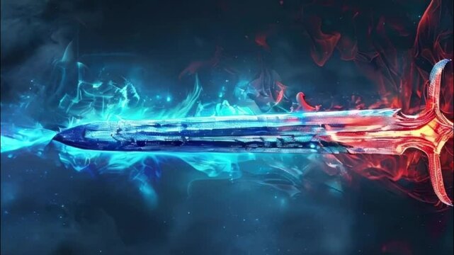 Fantastic weapon royal sword with beautiful handle and sharp blade, abstract vivid composition consists of fictional unreal fantastic vision on background