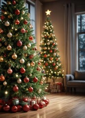fir christmas tree decorated with ornaments and lights, holiday decor, twinkling lights, colorful ornaments