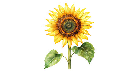 Obraz premium Bright sunflower with vibrant yellow petals and green leaves. Watercolor clipart, clip art, isolated on white/transparent background.