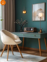 Modern Home Office Interior Design with Teal Walls,  Wooden Desk, and Comfortable Chair
