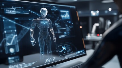 Tech professional developing advanced robotics, interacting with holographic hud interface displaying 3d futuristic robot design in sleek, dimly lit technological workspace