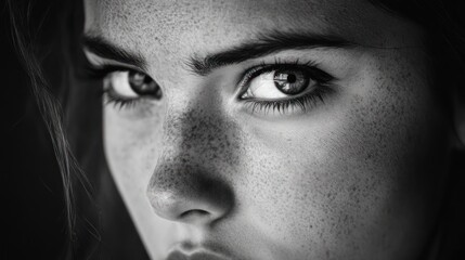 Fototapeta premium Intense Gaze: A Black and White Portrait of a Young Woman