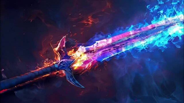 Fantastic weapon royal sword with beautiful handle and sharp blade, abstract vivid composition consists of fictional unreal fantastic vision on background