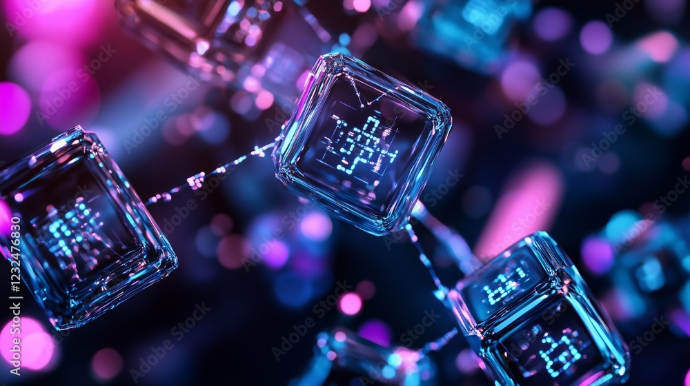 Poster digital data flowing through interconnected glass cubes forming network grid, blurred neon lit backg