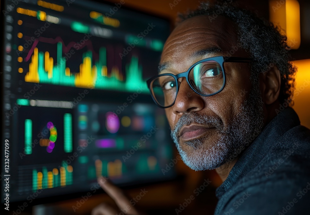 Aufkleber close up portrait of a man wearing glasses, his face subtly illuminated by data points, looking dire
