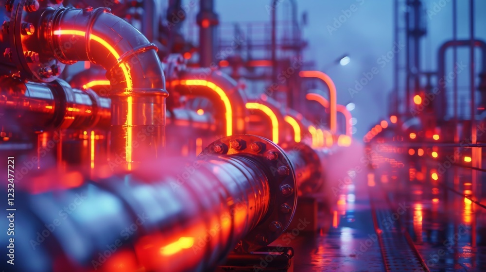 Poster complex network of pipes glows with vibrant light during the evening, emphasizing the advanced infra