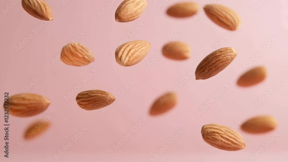 Poster almonds levitating against a vibrant pink background, forming a captivating pattern that enhances th