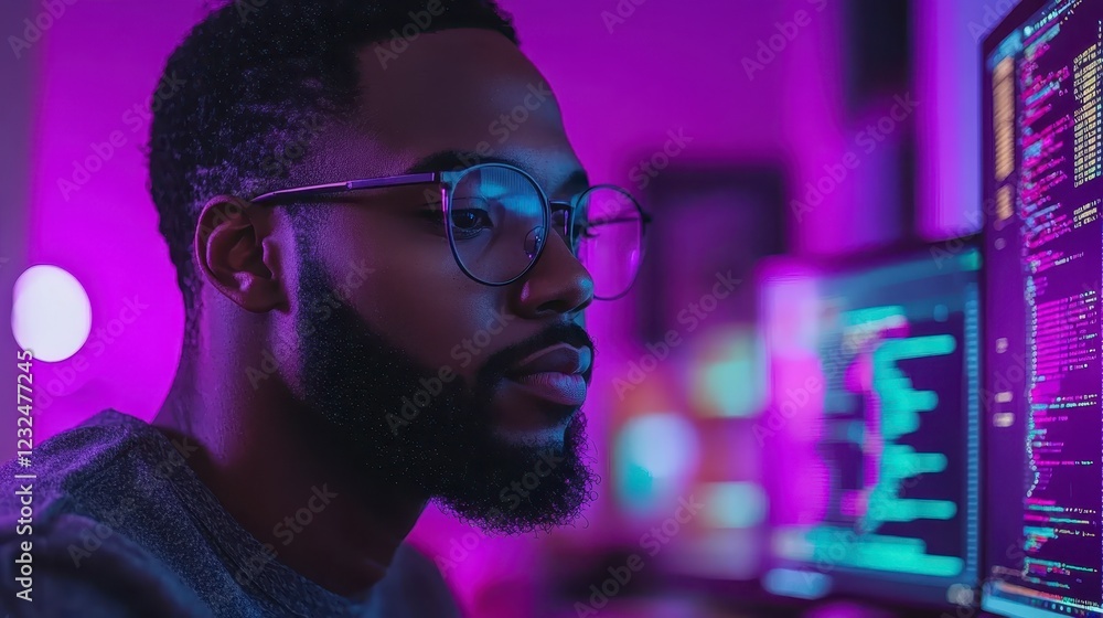 Poster focused young man with glasses intensely reviewing lines of code on computer screens in a dimly lit 