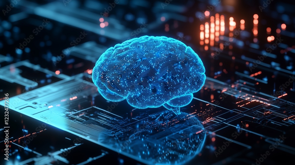 Poster holographic human brain projection hovering above computer motherboard, representing artificial inte