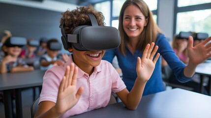A Boy Exploring Virtual Reality Learning with Teacher's Guidance in a Modern Classroom: Innovative Education with VR Headset, Enhancing Engagement and Future of Learning