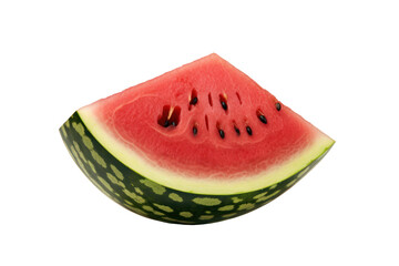 A ripe watermelon with a glossy green rind, showcasing its distinctive dark green stripes. The fruit is sliced in half, revealing its bright pink flesh studded with small black seeds.