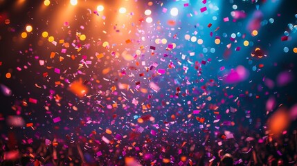 A minimalist slow-motion film of multicolored confetti cascading over a stadium teeming with spectators
