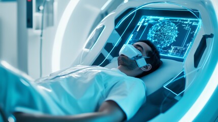 Medical professional monitoring patient inside cryogenic capsule, displaying neural network via holographic interface with advanced technological healing approach