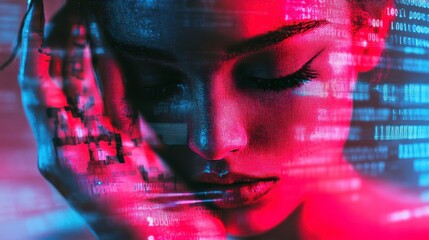 Abstract portrait of a woman, face partially obscured by glitching digital code, red and blue hues, dark background, digital art, technology concept