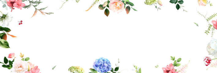 Summer garden greenery banner with leaves and flowers. Spring tulips, hydrangea, rose, hyacinth, wildflowers and plants. Botanical frame design. Vector card. All elements are isolated and editable.