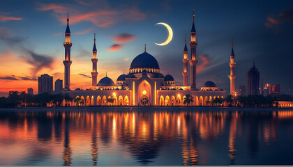 Illustration of Mosque at Sunset Reflection, Crescent Moon, Architecture, Night, Water, Cityscape, Palm Trees, Sky, Clouds, Religion