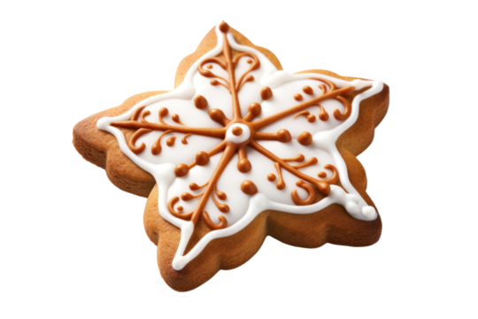 A single decorated gingerbread star with detailed white icing patterns placed beside cinnamon sticks and anise