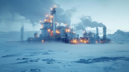 Fototapeta premium An oil refinery stands tall in a snowy wasteland, with plumes of smoke billowing into the frigid air while lights illuminate the structure during the twilight hours.