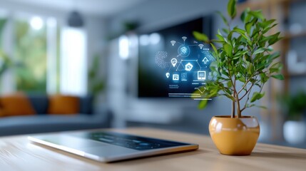 Futuristic smart home living room interior with holographic display and advanced home automation technology  Comfortable modern sofa laptop