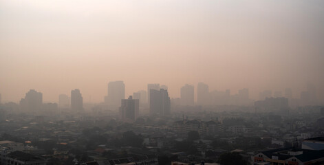 Bangkok Cityscape with PM 2.5 Air Pollution Haze, Urban Smog Over Skyline, Foggy Atmosphere in the Metropolis