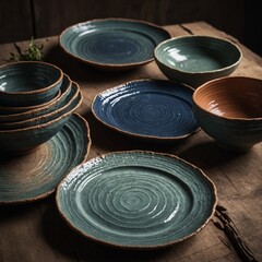 "Artisanal pottery plates with uneven edges and textured finishes."