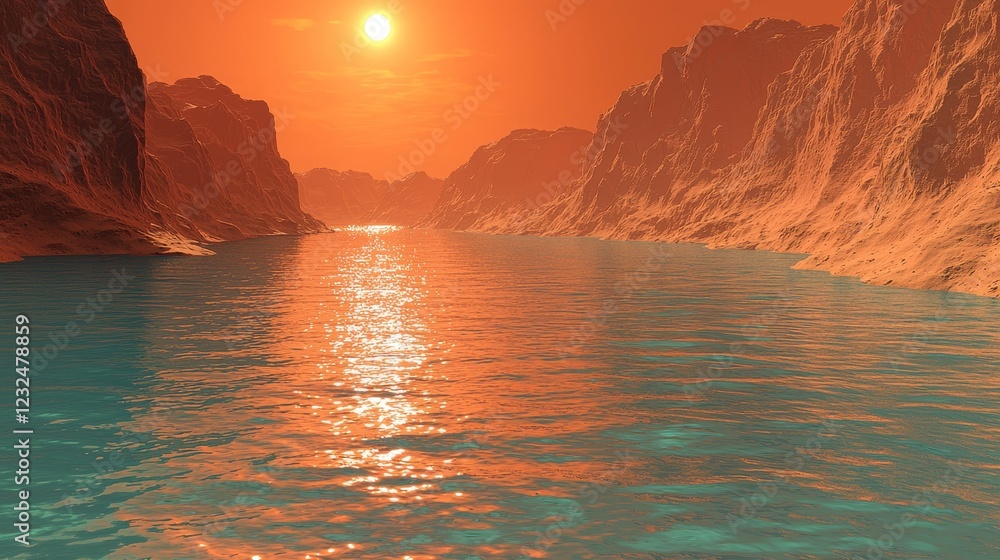 Poster futureuristic landscape with cliffs and water in a 3d render format