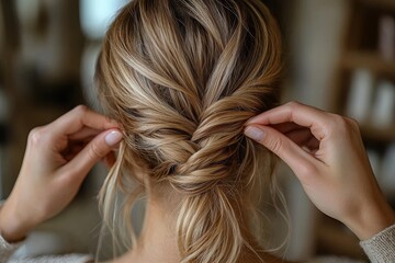 Obraz premium Learning and training in the trade of hairdressing, focusing on creating a formal upstyle by coiling twirling long hair sections for special occasions