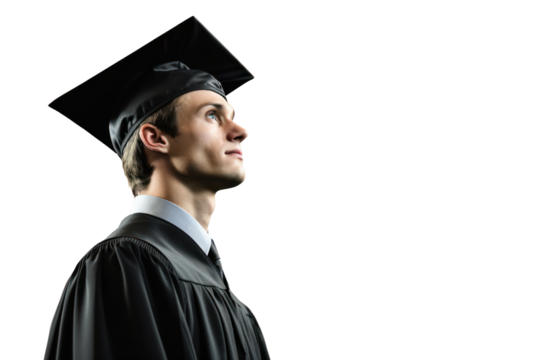 A thoughtful graduate wearing a black gown and cap, gazing upward with a look of determination, symbolizing future aspirations. The simplicity of the white background