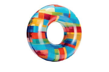 A vibrant, colorful swimming pool ring float resting on the surface of clear blue water, reflecting the summer sun. The float features a playful design with bright patterns and a glossy finish