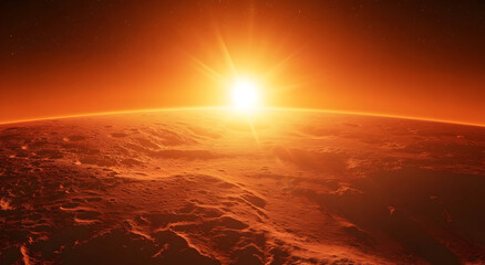Stunning sunrise over the surface of Mars highlighting the reddish terrain and expansive atmosphere during a serene moment