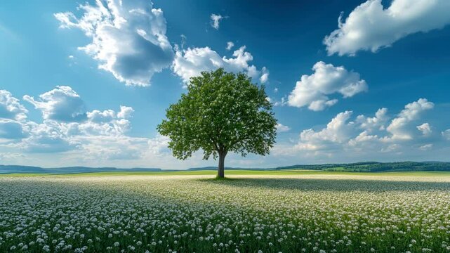 A large tree stands in a field of grass. The sky is blue with clouds