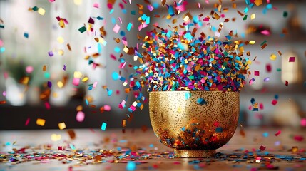 A coffee cup filled with gold confetti, beautifully spilling over. Excellent for special occasions and celebrations