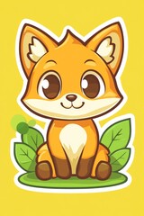 Cute fox sitting in leaves, yellow background, children's book illustration