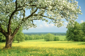 Fototapeta premium Blooming Apple Trees in Meadow Under Blue Sky, White Blossoms Highlight Spring's Arrival