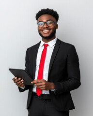 confident corporate leader smiling while holding tablet, dressed in suit and tie