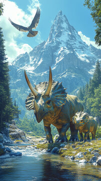 Highly detailed and realistic photograph of a triceratops and its young resting near a river, about 66 million years ago.