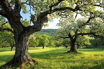 Obraz premium Blooming Apple Trees in Meadow Under Blue Sky, White Blossoms Highlight Spring's Arrival