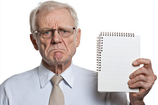 Elderly man with serious expression holding blank notebook, conveying determination and authority